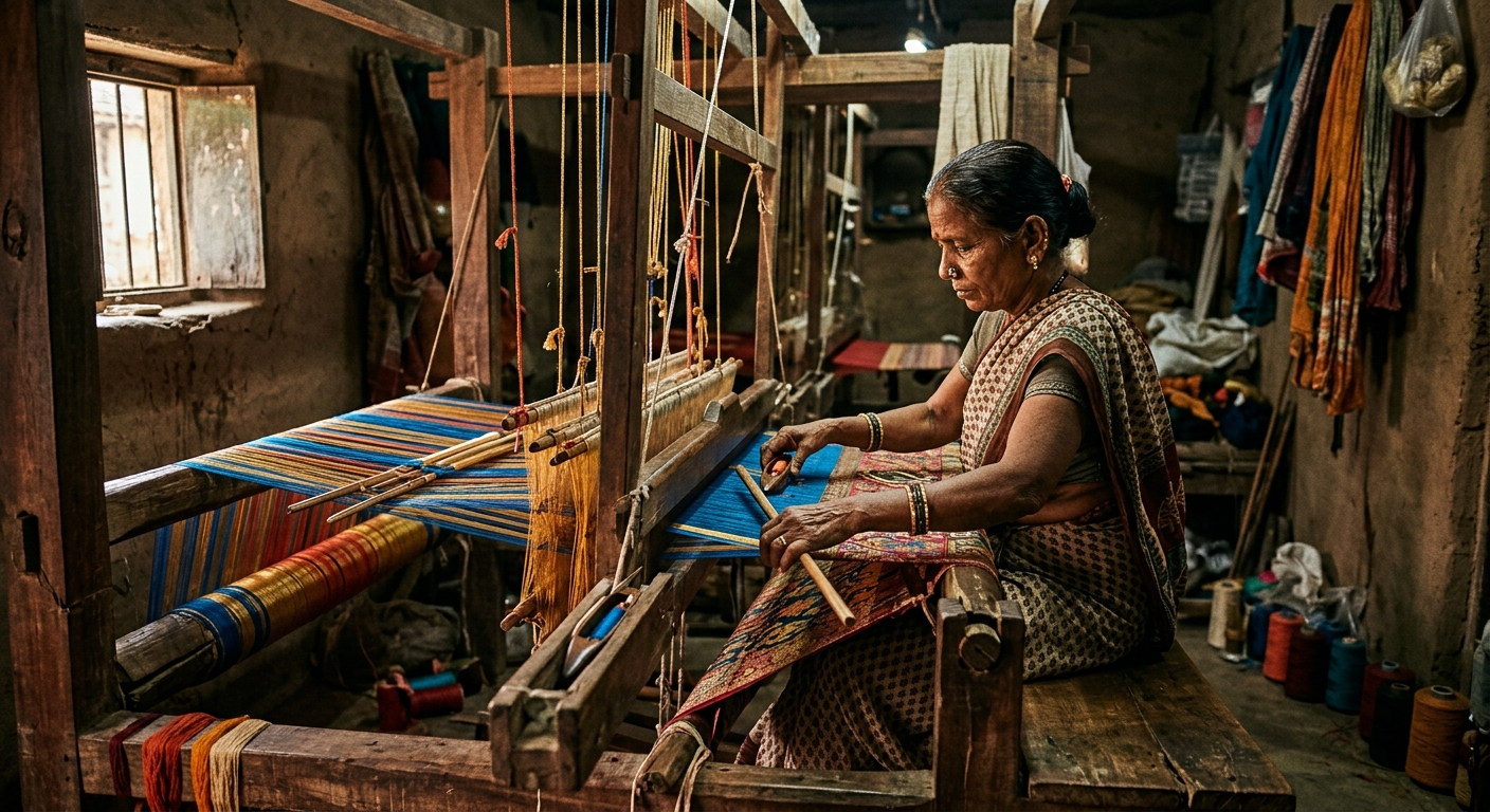 Weaver working on a loom